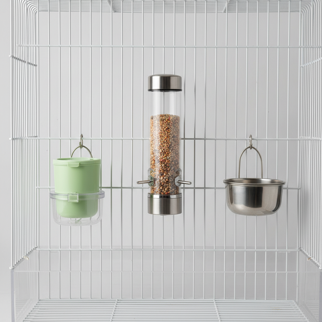 Comparison of covered cup feeder, silo feeder, and standard bowl inside bird cage
