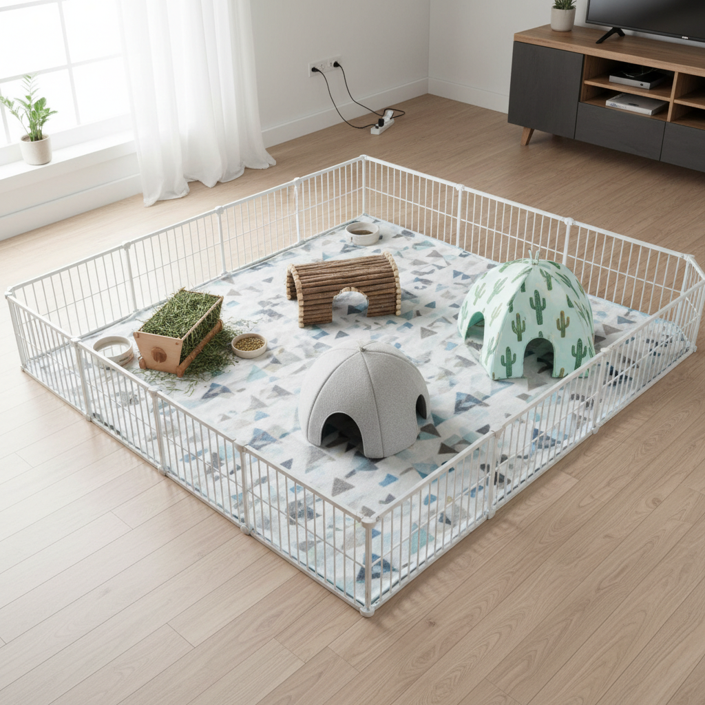 Safe guinea pig floor time setup with fleece liner, hideouts, and foldable fence away from walls and cords