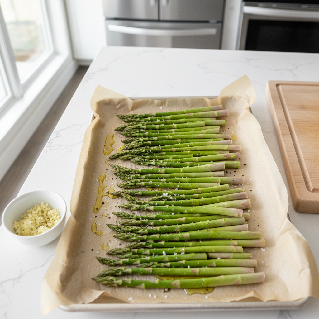 Fresh asparagus spears on a sheet pan with olive oil and garlic ready for roasting