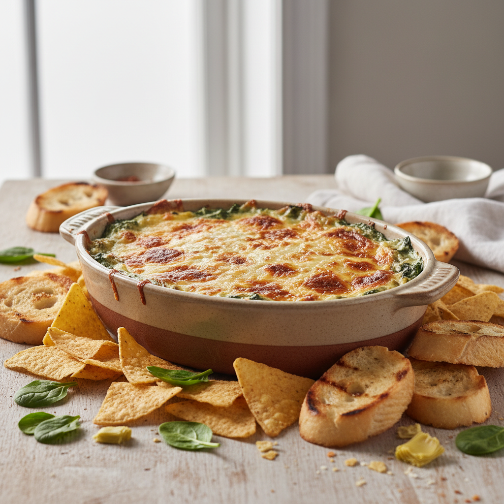 Hot spinach artichoke dip served in a baking dish with chips