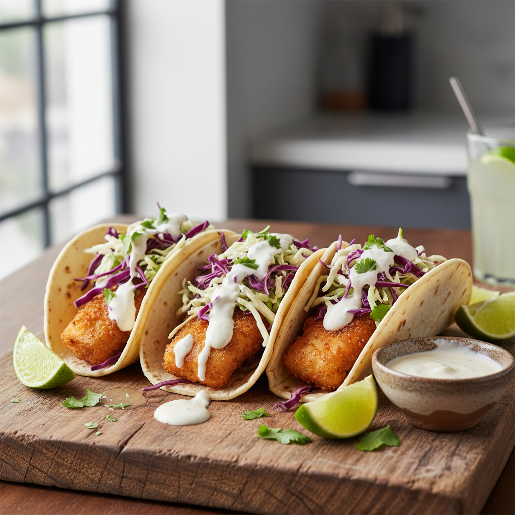 Baja-style fish tacos with crispy fish, cabbage slaw, and crema on a wooden board