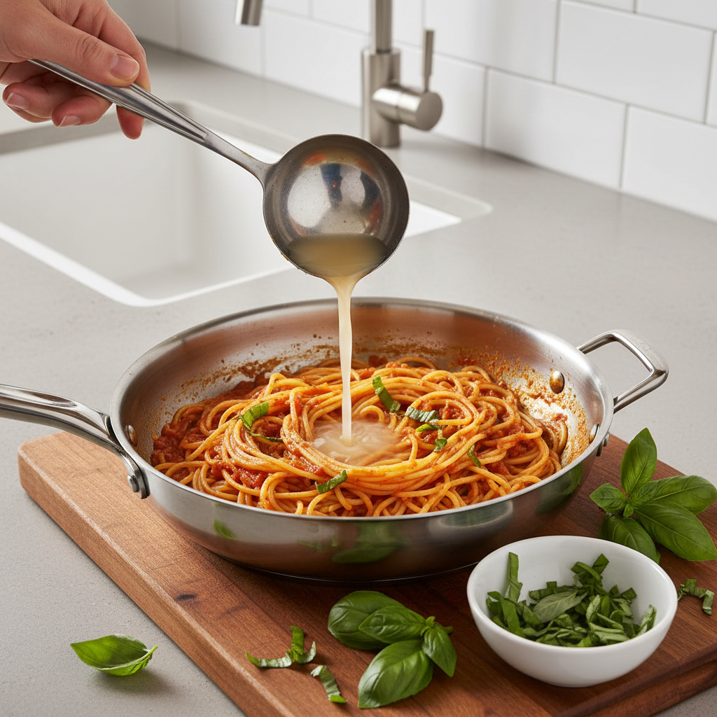 Tossing spaghetti with tomato sauce and pasta water for emulsification