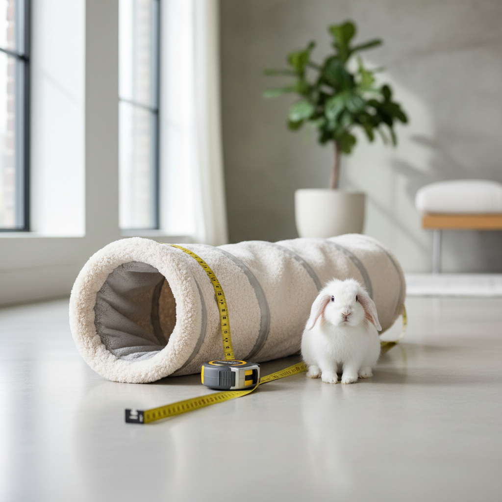 Sizing a plush-lined pet tunnel with a tape measure to match a small rabbit