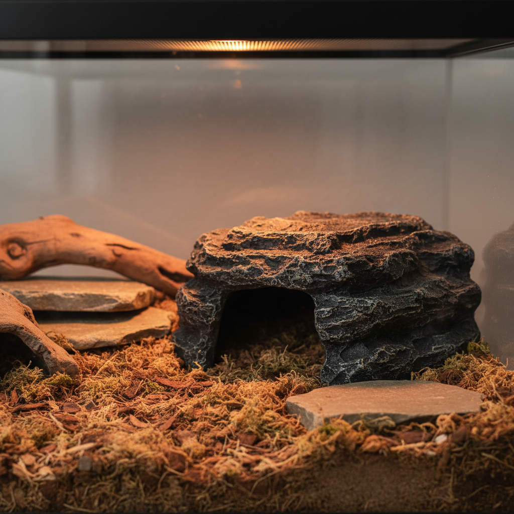 Dark secure snake hide cave inside a terrarium with substrate and overhead heat gradient