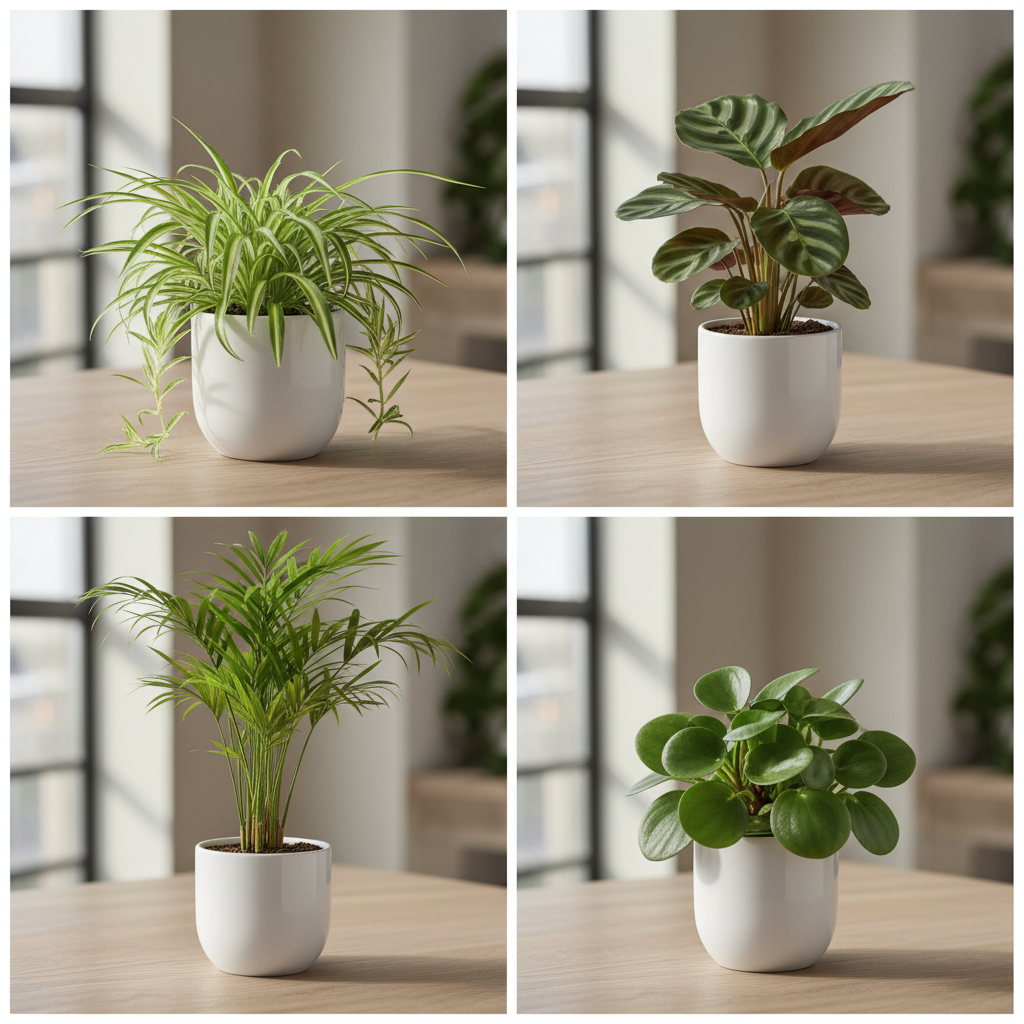 Top pet-safe houseplants collage including spider plant, calathea, parlor palm, and peperomia