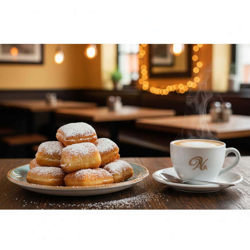 Powdered sugar-covered New Orleans beignets on a plate with coffee