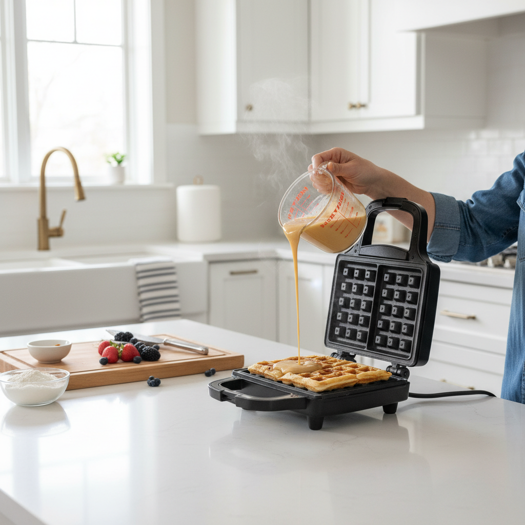 Home cook pouring waffle batter into a preheated waffle iron