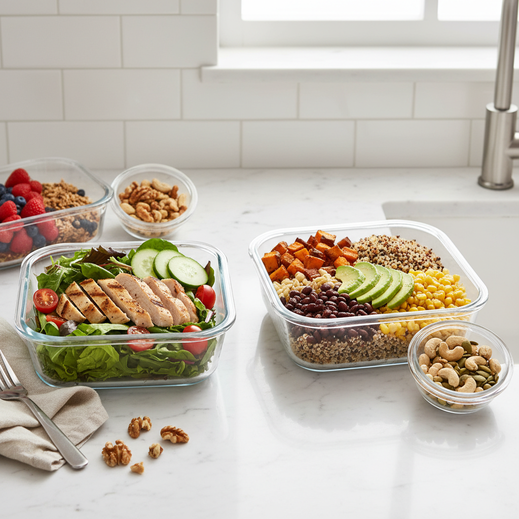 Meal-prep containers with walnuts kept separate to stay crunchy