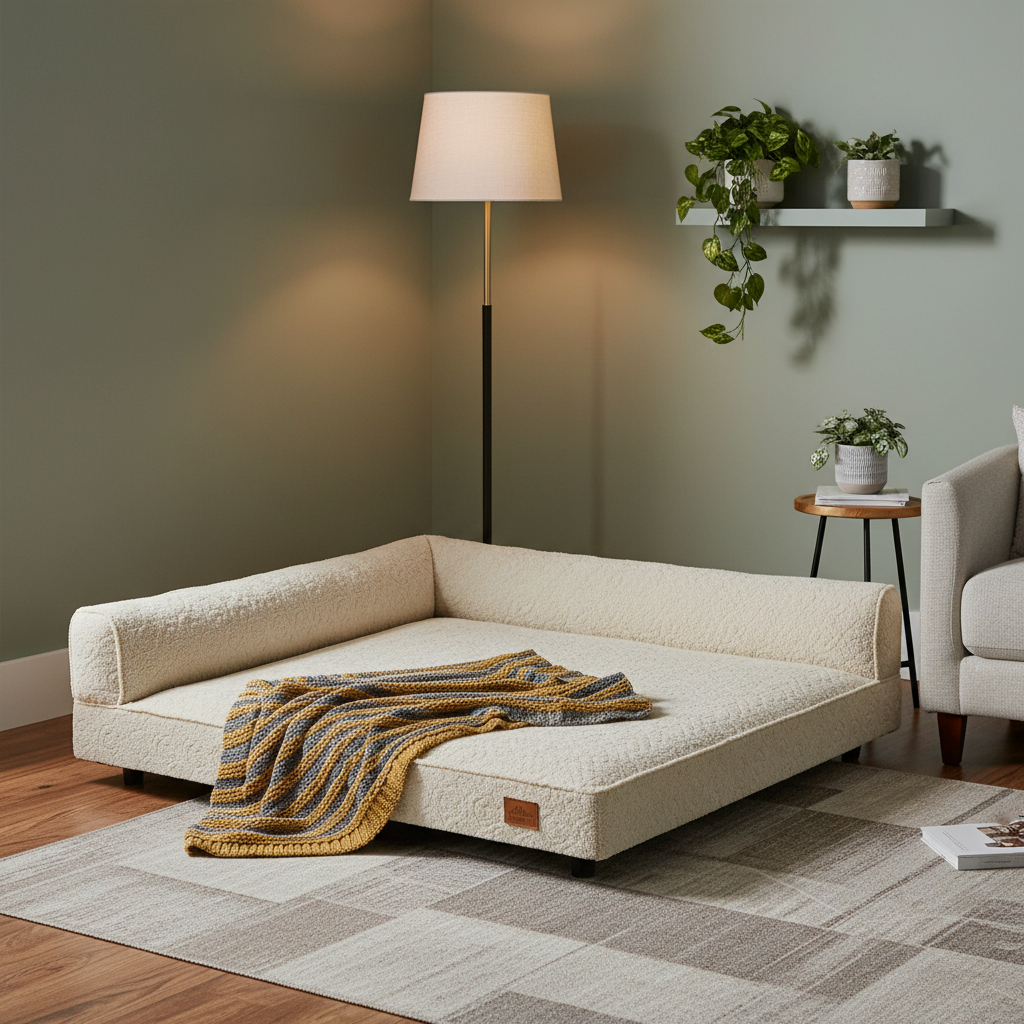 Orthopedic dog bed placed away from drafts with a blanket for extra warmth