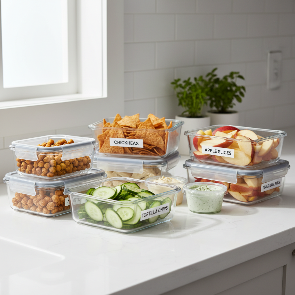Meal prep containers with crunchy snacks for kids