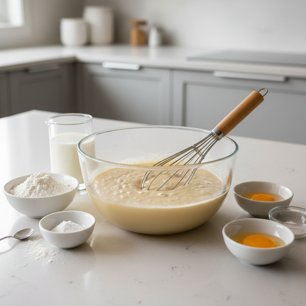 Pancake batter with visible lumps in a mixing bowl for fluffy texture