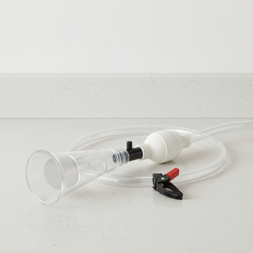 Close-up of a hand-pump siphon and hose clamps used for turtle tank water changes