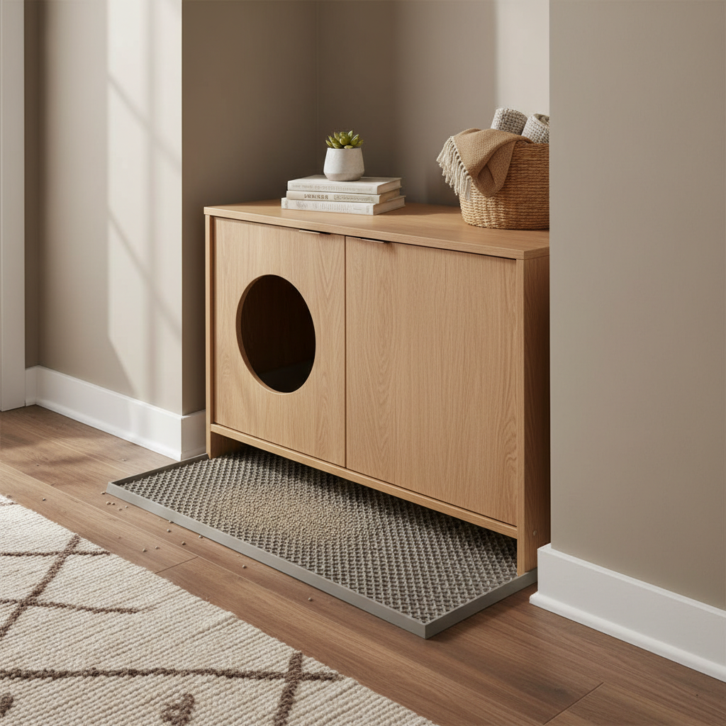 Side-entry cat litter box enclosure furniture style placed in hallway nook with litter mat