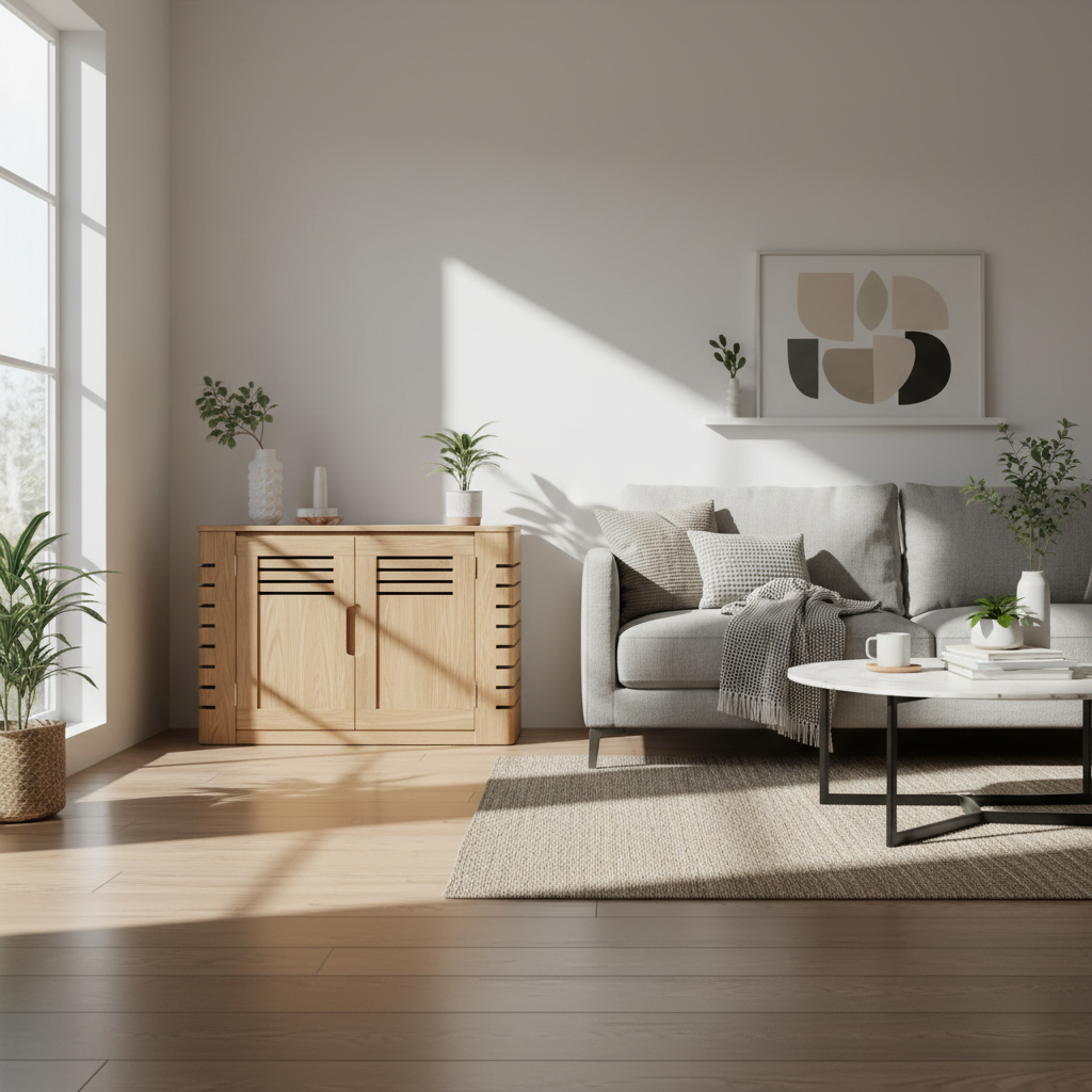 Modern cat litter box furniture enclosure in a living room with discreet ventilation