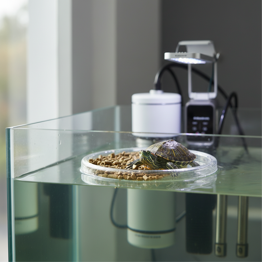 Turtle feeding ring keeping floating pellets contained on aquarium surface