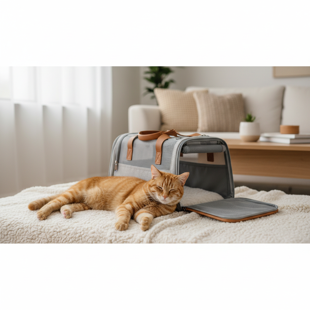 Calm cat resting near a carrier before travel