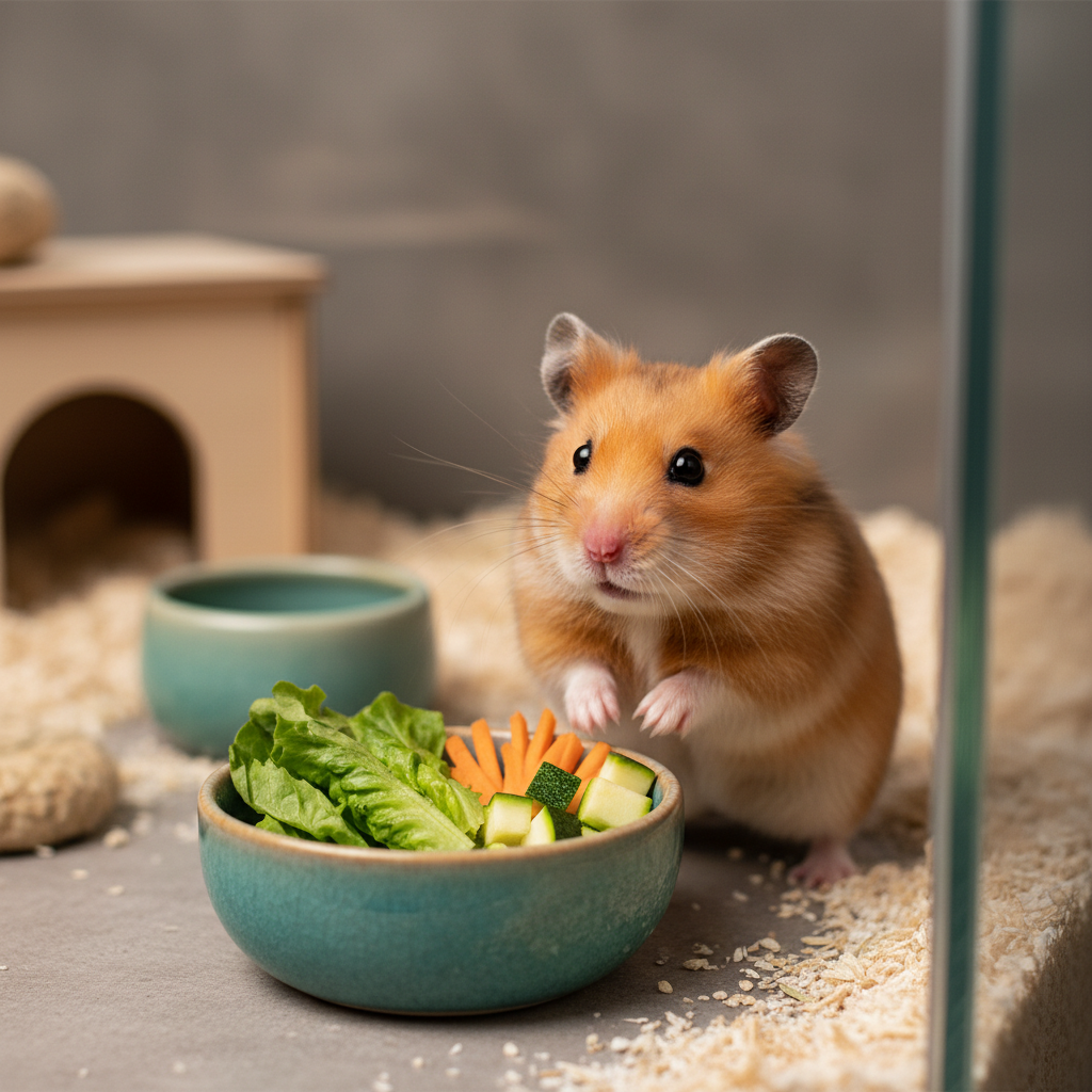 Hamster next to a small dish with tiny portions of fresh vegetables for treat rotation