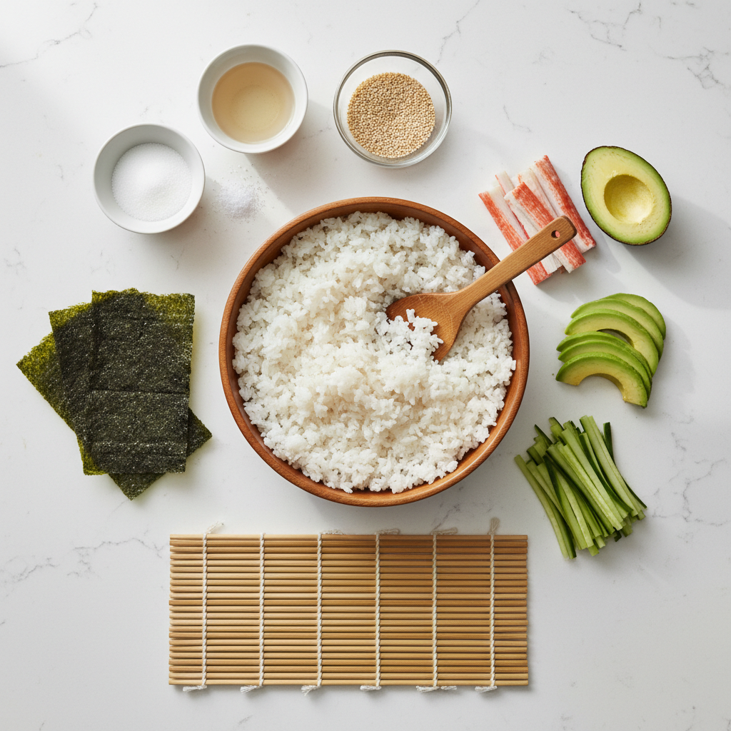 Homemade California roll ingredients laid out for an easy sushi night