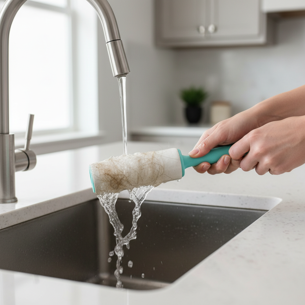 Washing a sticky reusable lint roller under running water