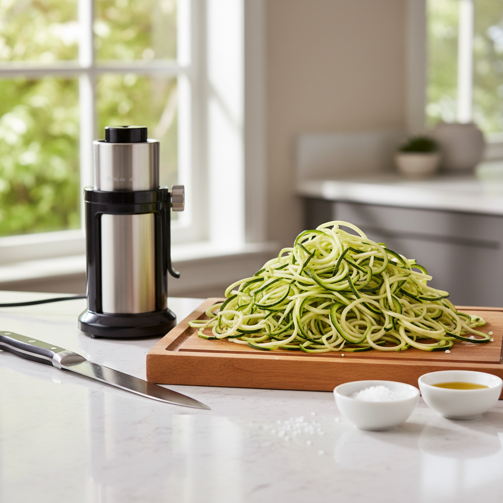 Fresh spiralized zucchini noodles on a cutting board with simple prep tools