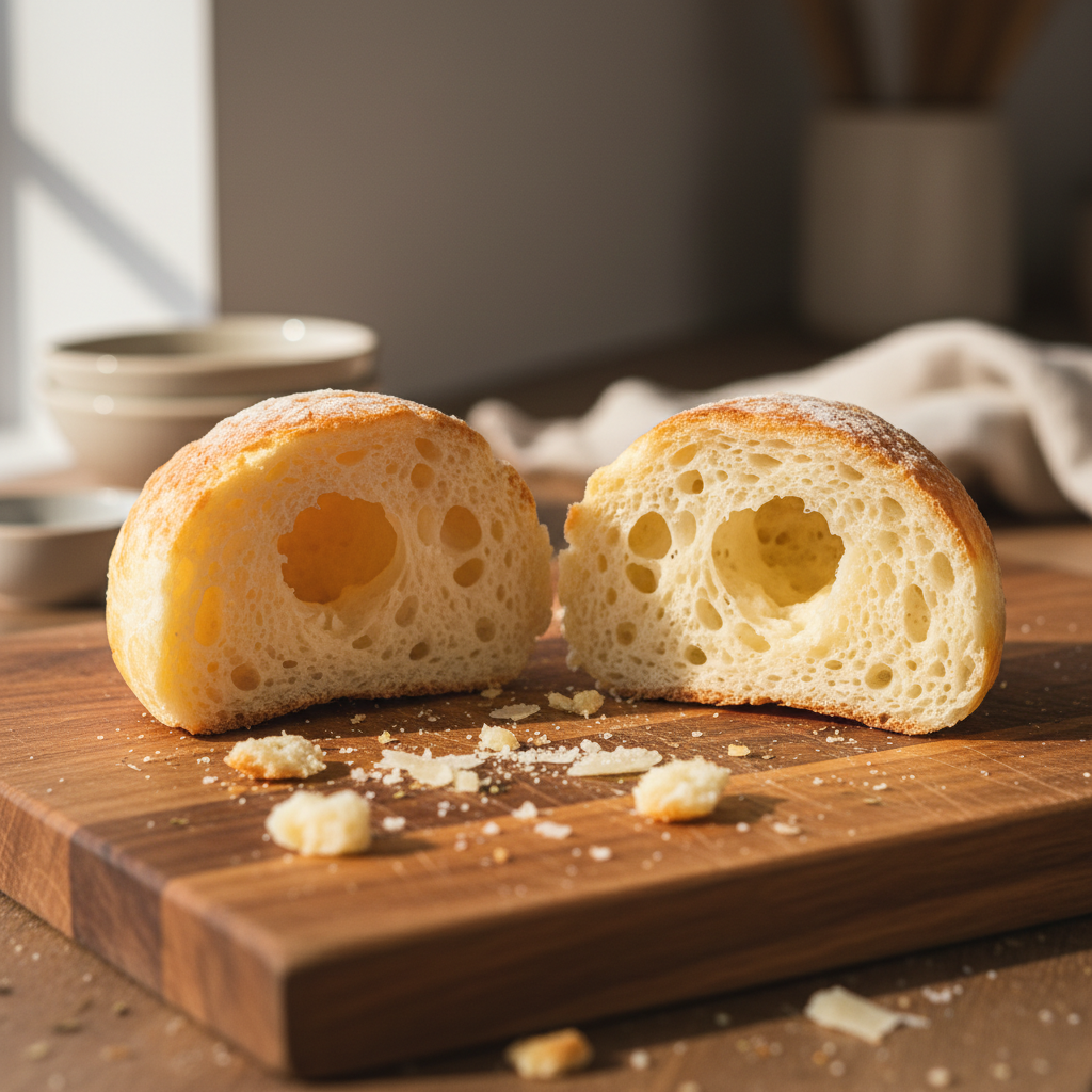 Split open Pao de Queijo showing airy center and chewy interior texture
