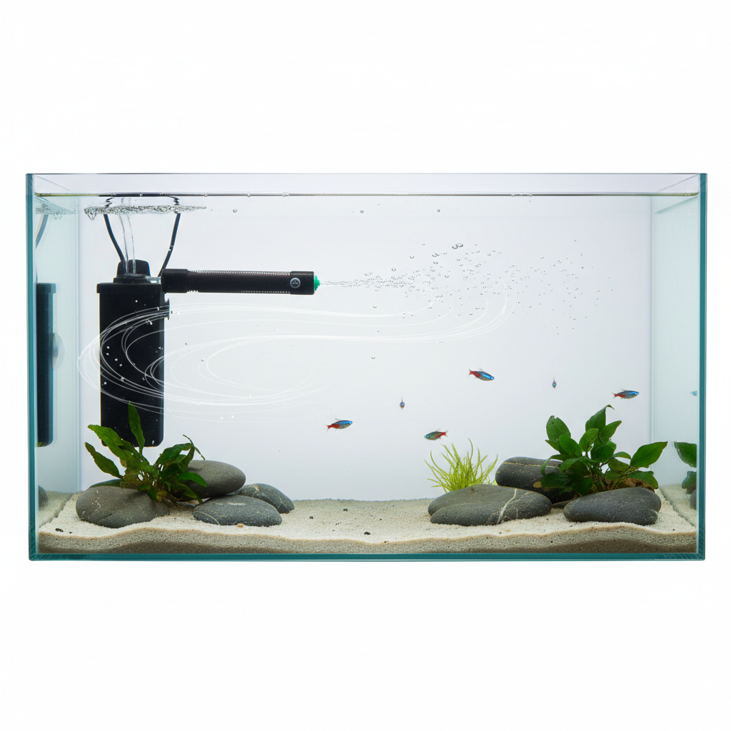 Proper heater placement near filter outlet with visible water circulation