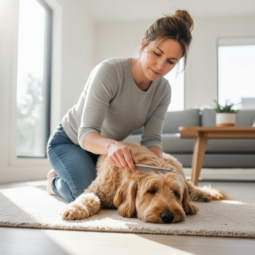 Owner grooming a dog with a flea comb at home for natural flea control