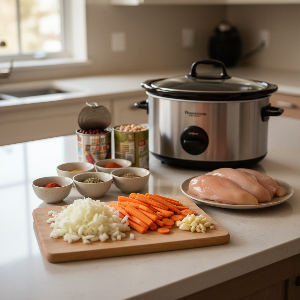 Family-friendly crockpot dinner ingredients prepped on a kitchen counter