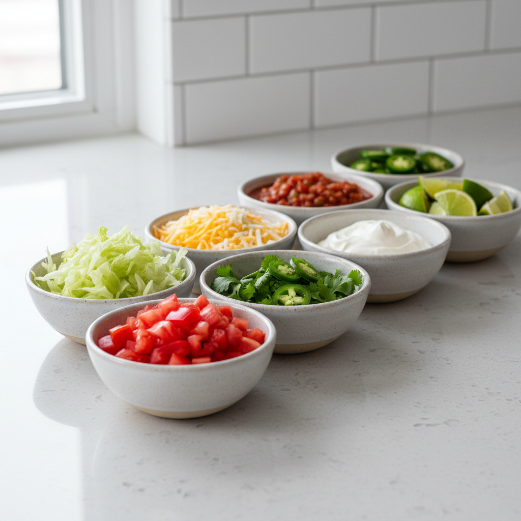 Organized taco toppings in small bowls for an easy taco bar setup