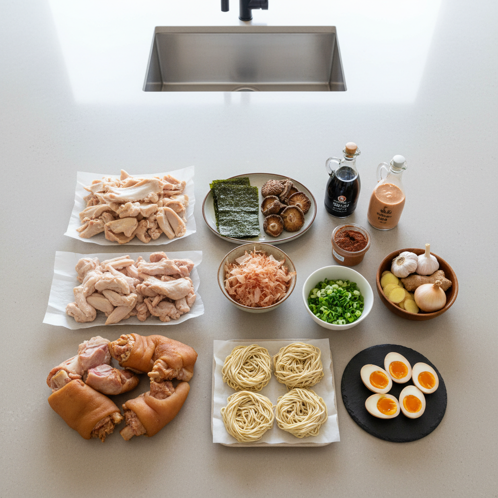 Authentic ramen soup ingredients laid out for cooking