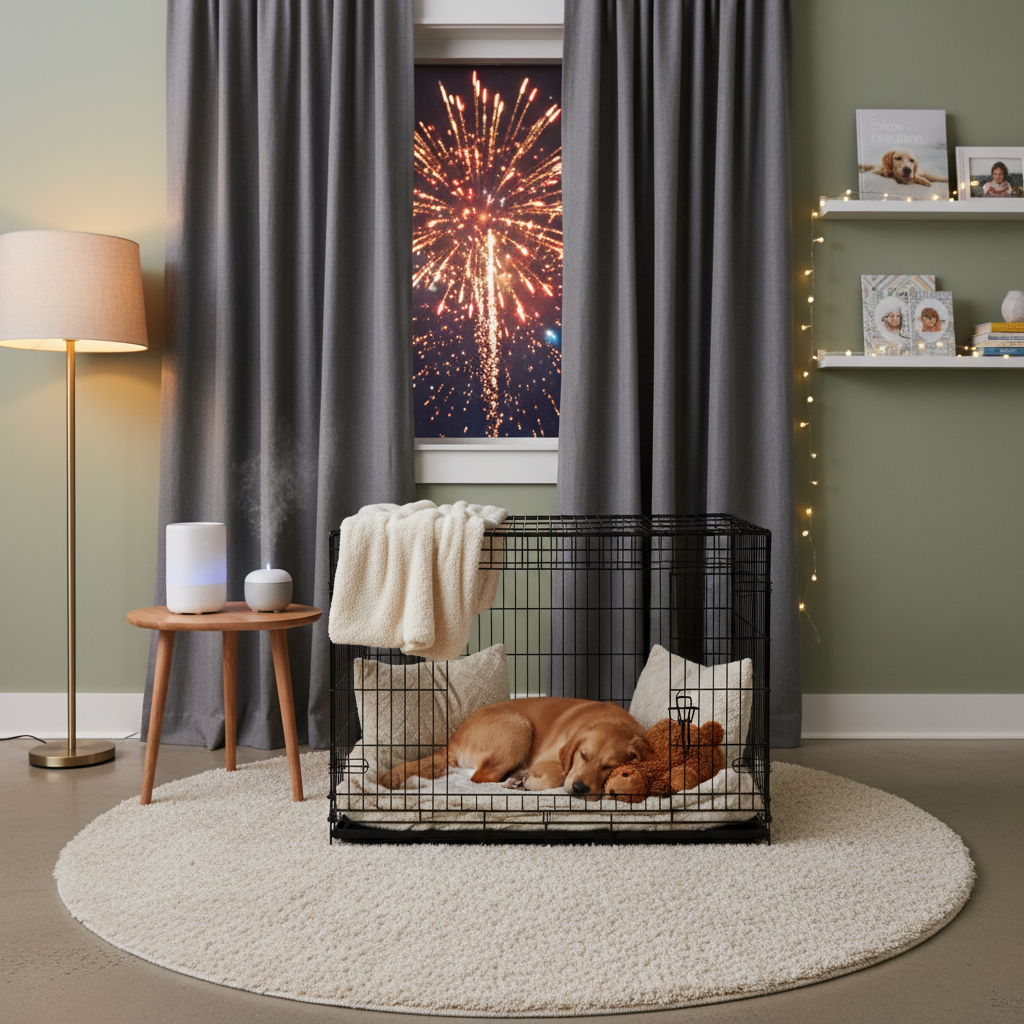 Cozy safe room setup for a dog during fireworks with crate, blankets, and white noise