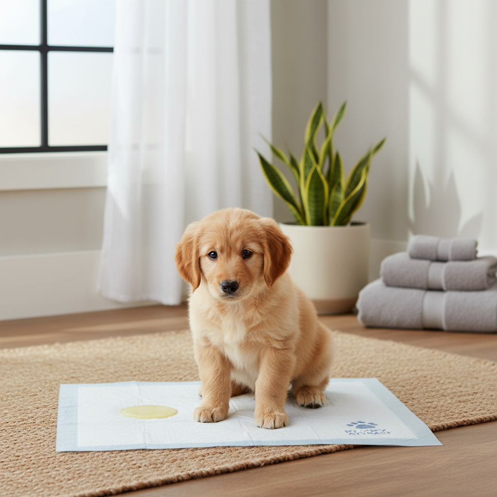 Puppy using training pad with potty attractant in a clean indoor corner