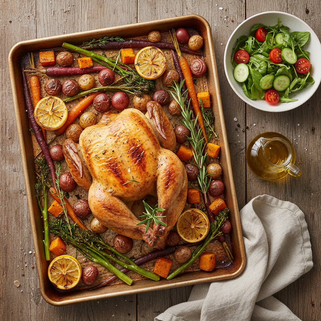 Finished sheet pan dinner served family-style with lemon and herbs