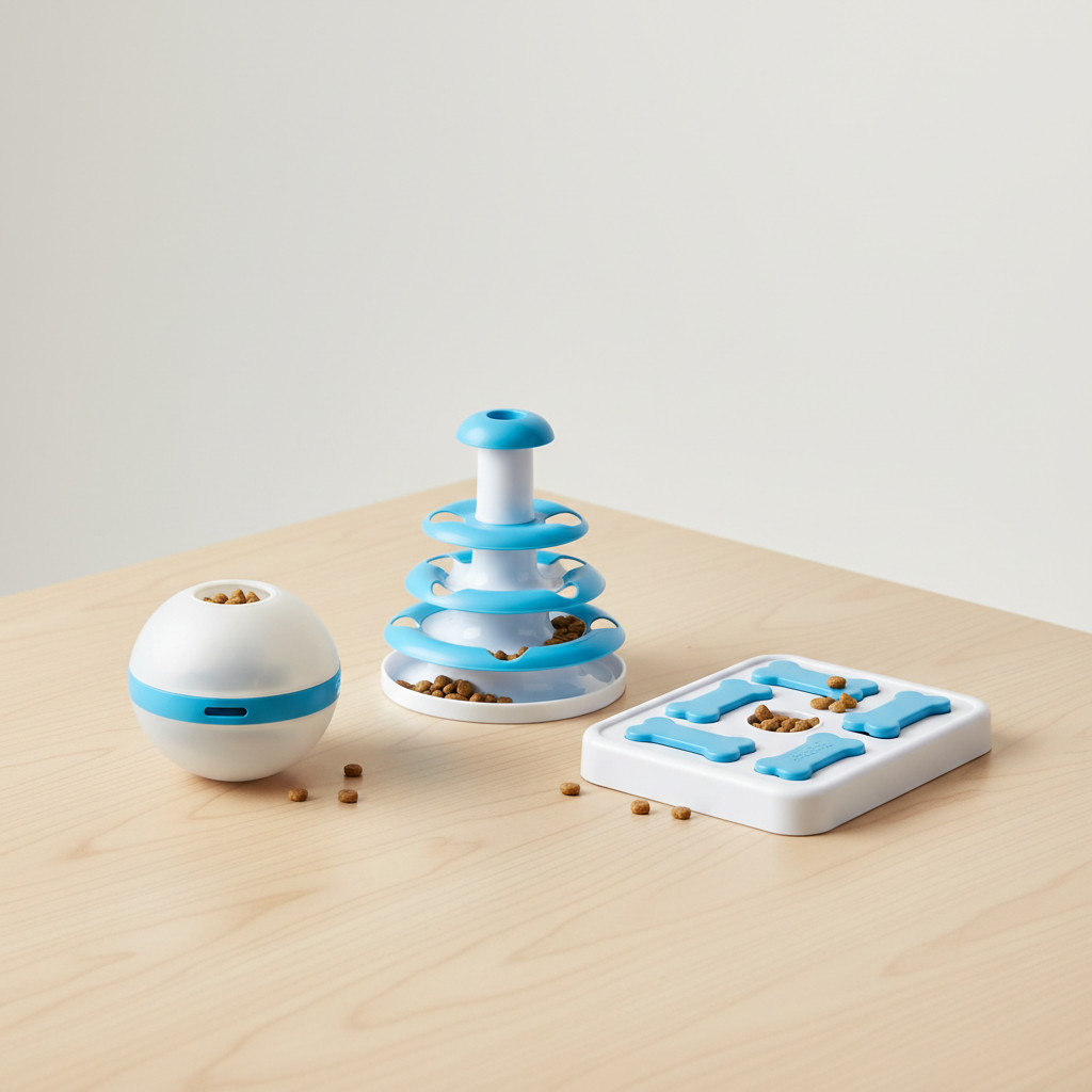 Different styles of cat treat dispenser toys: ball, tower, slider puzzle on a table