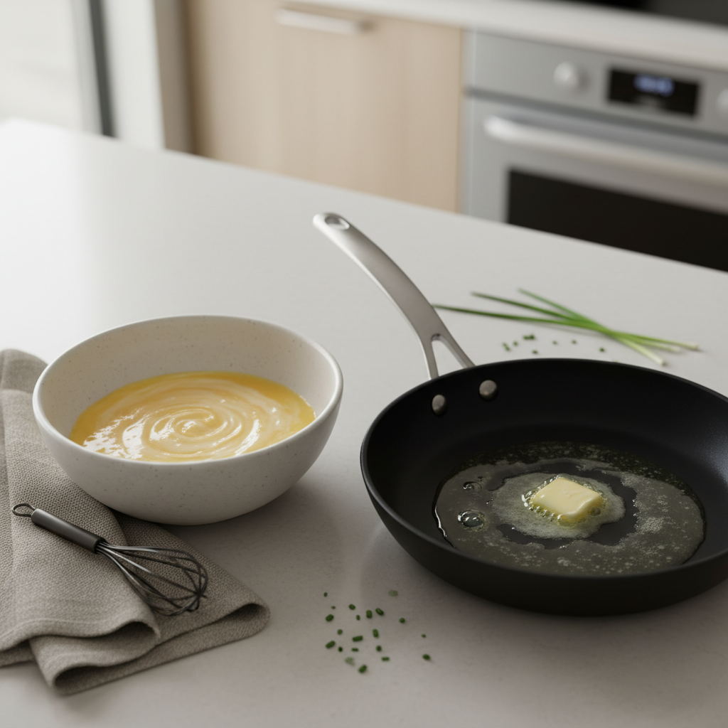 Whisked eggs in a bowl with butter melting in skillet for omelette