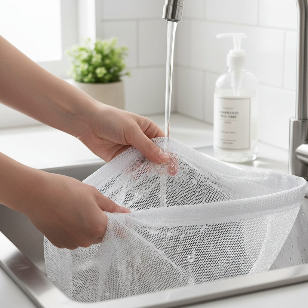 Cleaning a mesh seed catcher skirt with mild soap and water