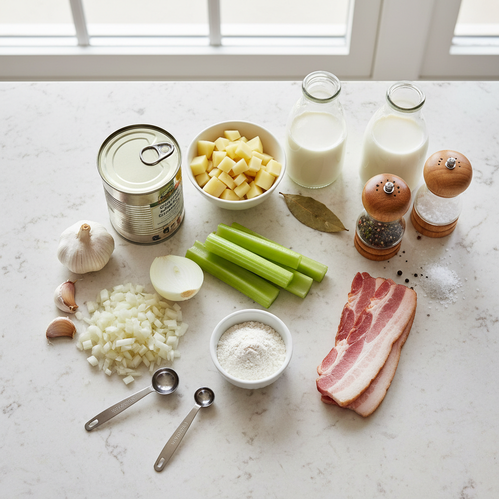 Clam chowder ingredients laid out on a kitchen counter
