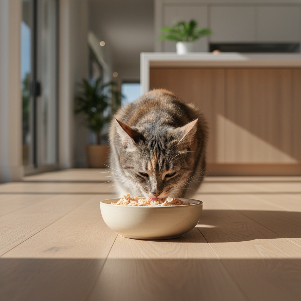 Senior cat eating wet canned food comfortably from a shallow bowl