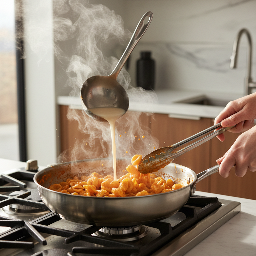 Pasta being tossed with sauce in a skillet using pasta water