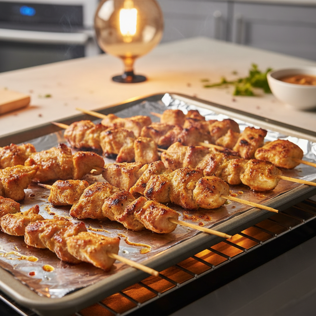Chicken satay skewers broiling on a sheet pan in a home oven