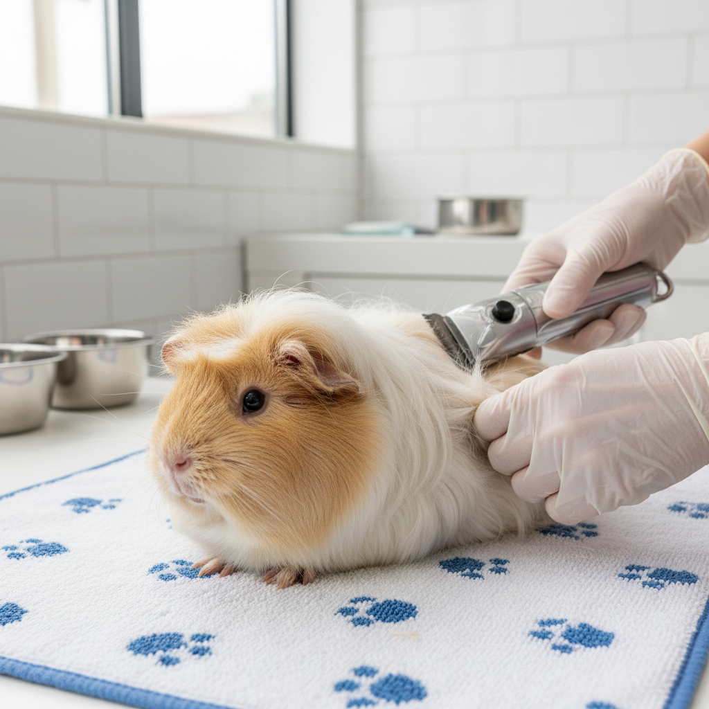 Trimming a small mat from a long-haired guinea pig safely with pet clippers