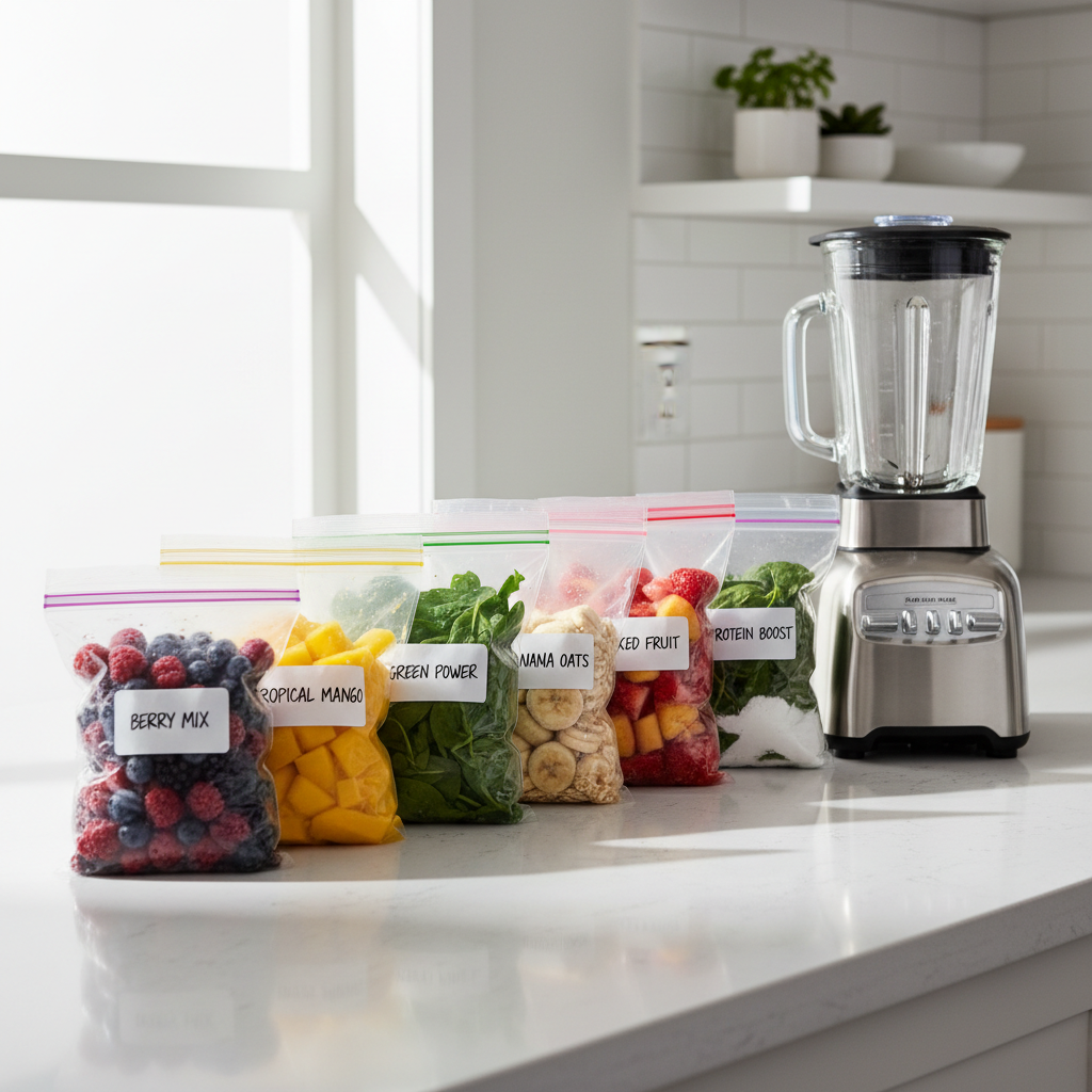 Freezer smoothie packs labeled for quick breakfast smoothies