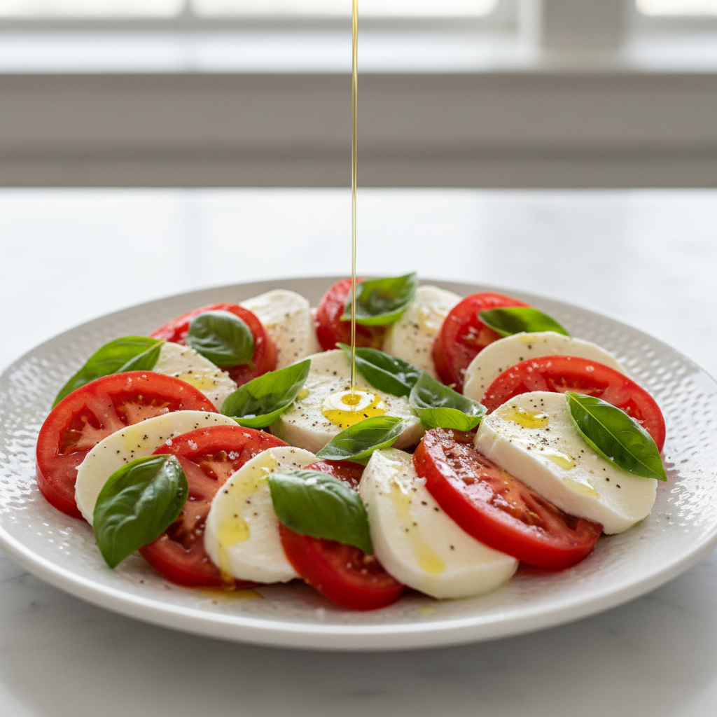 Caprese-style tomato mozzarella salad with basil and olive oil on a white platter