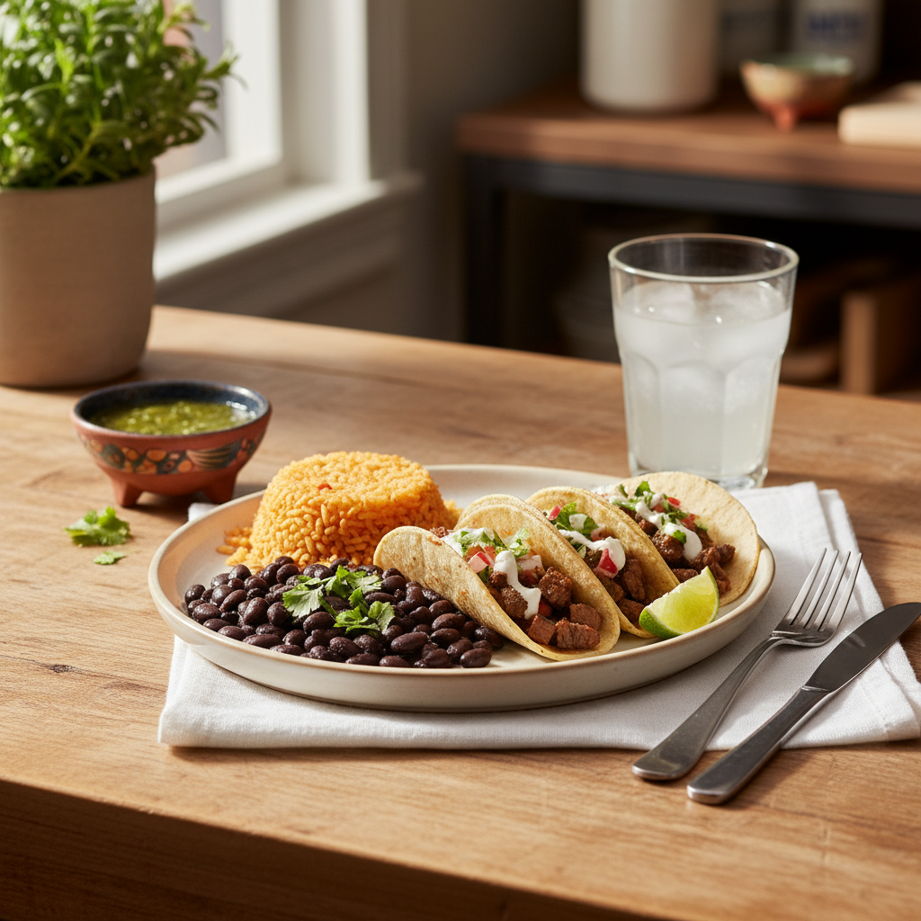 Mexican rice served with tacos and beans in a weeknight dinner plate