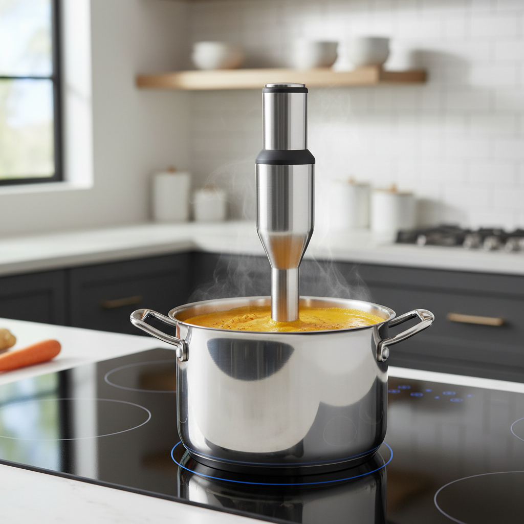 Immersion blender pureeing carrot ginger soup in a pot