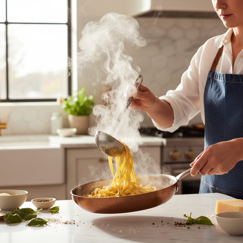 Cook adjusting creamy Alfredo sauce consistency with pasta water