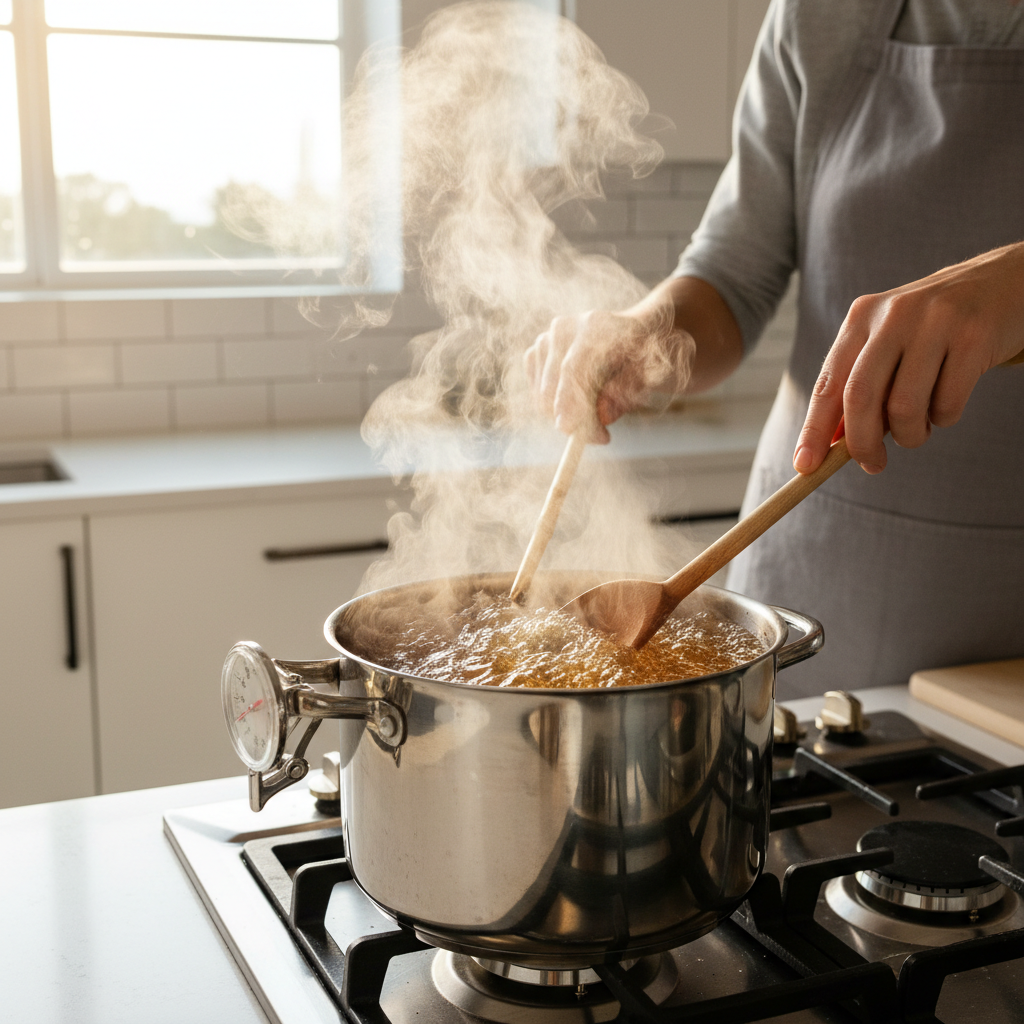Boiling jelly mixture in a stainless pot with thermometer on stove