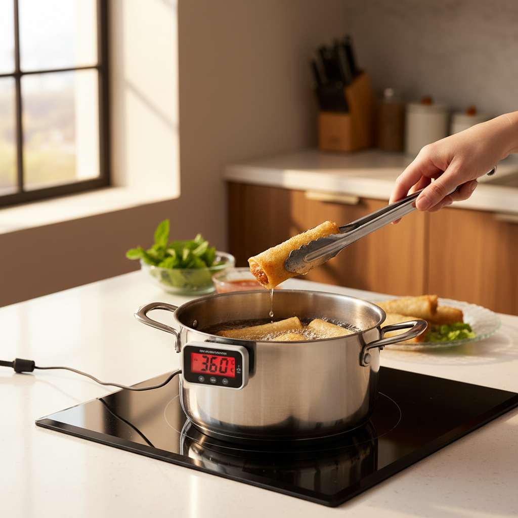 Deep frying spring rolls in a pot with thermometer showing oil temperature