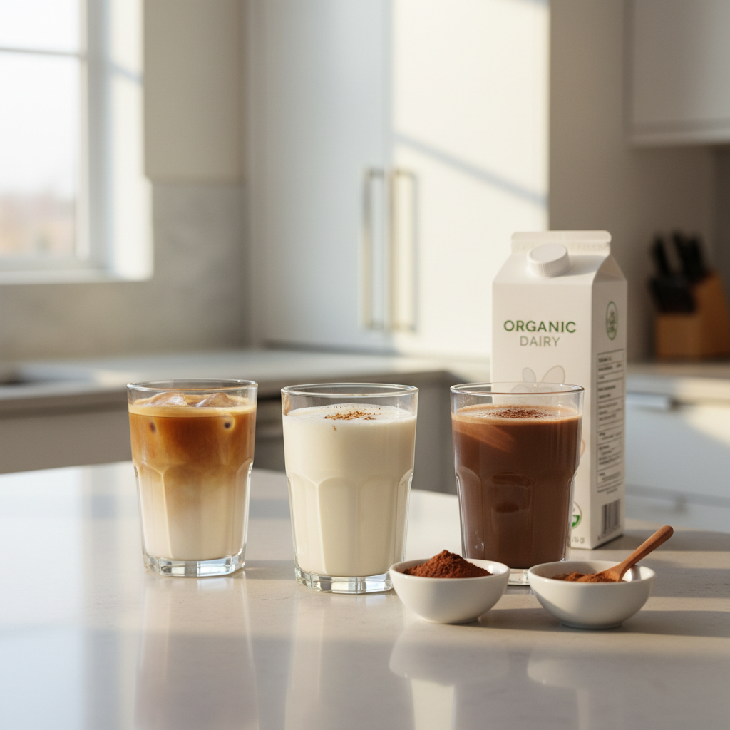 Creamy milk-based drinks on a kitchen counter with ingredients