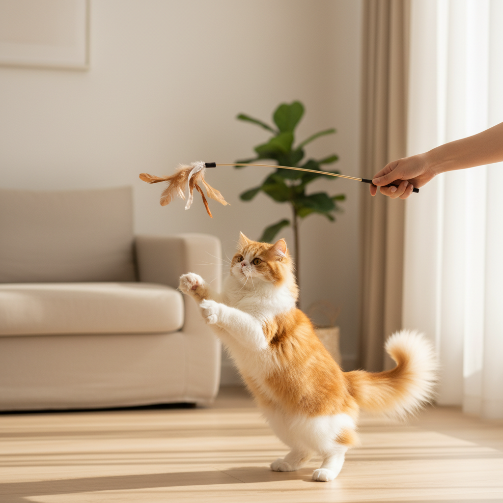 Person playing with a cat teaser wand in a living room